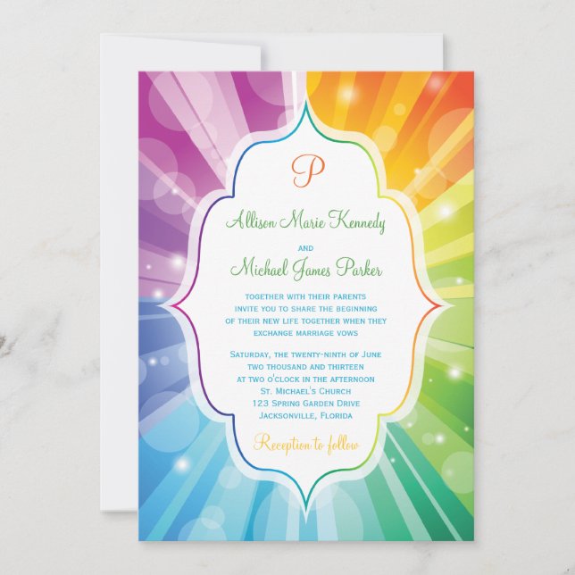 Rainbow Colours Striped Sunburst Wedding Invitatio Invitation (Front)