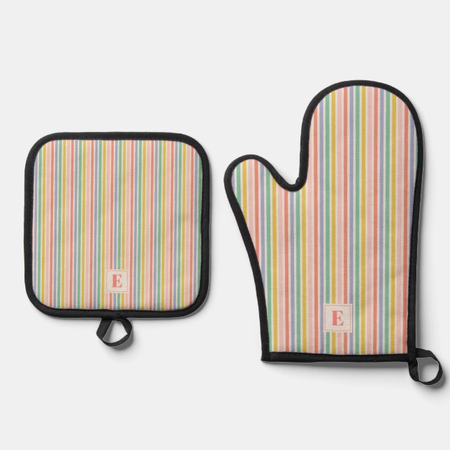 Rainbow Colours Stripes with Initial Oven Mitt & Pot Holder Set (Front)