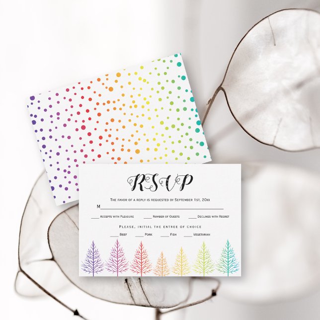 Rainbow colours trees, confetti gay lesbian weddin RSVP card (Creator Uploaded)