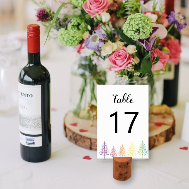 Rainbow colours trees confetti gay lesbian wedding table number (Creator Uploaded)