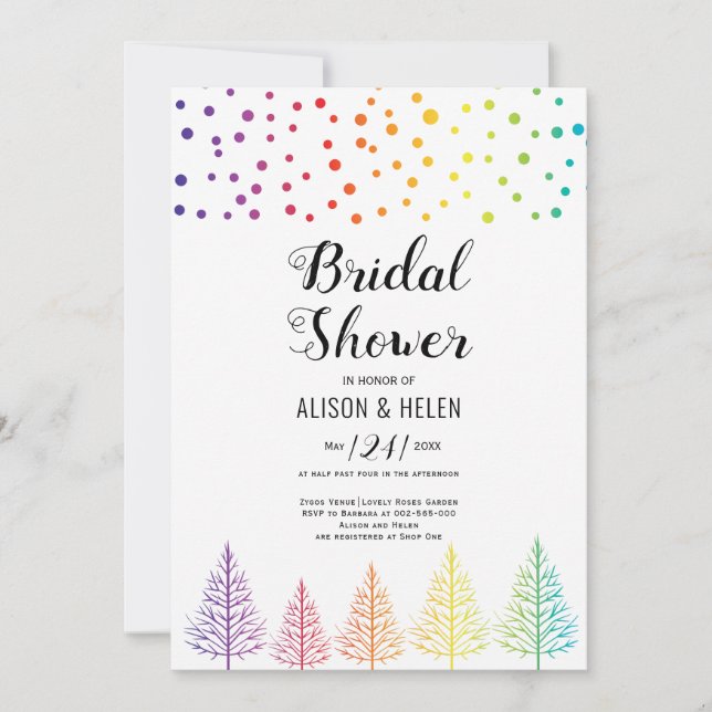 Rainbow colours trees, dots lesbian bridal shower invitation (Front)