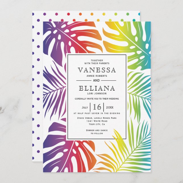 Rainbow colours tropical leaves gay lesbian weddin invitation (Front/Back)