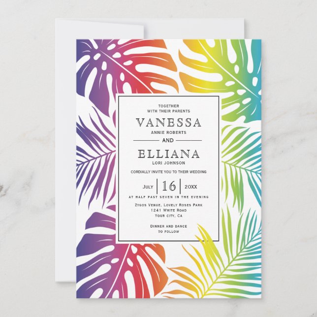 Rainbow colours tropical leaves gay lesbian weddin invitation (Front)