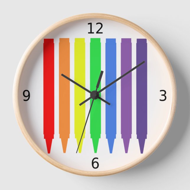 Rainbow colours wax crayons, simple, fun clock (Front)