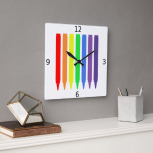 Rainbow colours wax crayons, simple, modern square wall clock