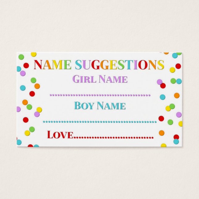 Rainbow Confetti Baby Shower Name Suggestion Card (Front)