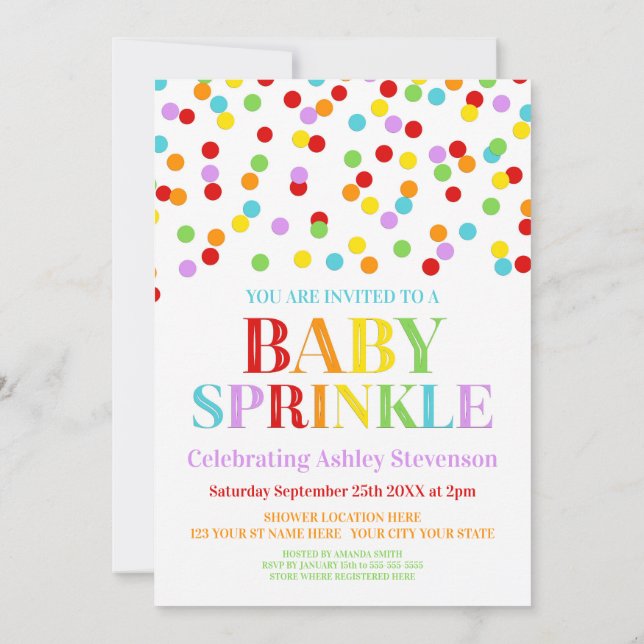 Rainbow Confetti Baby Sprinkle Invitation (Back)