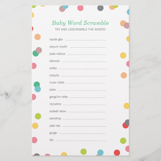 Rainbow Confetti Baby Word Scramble Game (Front)