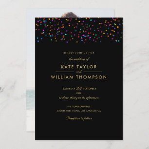 Rainbow Confetti Black And Gold Photo Wedding Invitation
