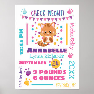 Rainbow Confetti Cute Kitty Cat Baby Birth Stats Poster