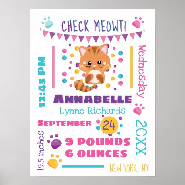 Rainbow Confetti Cute Kitty Cat Baby Birth Stats Poster (Front)
