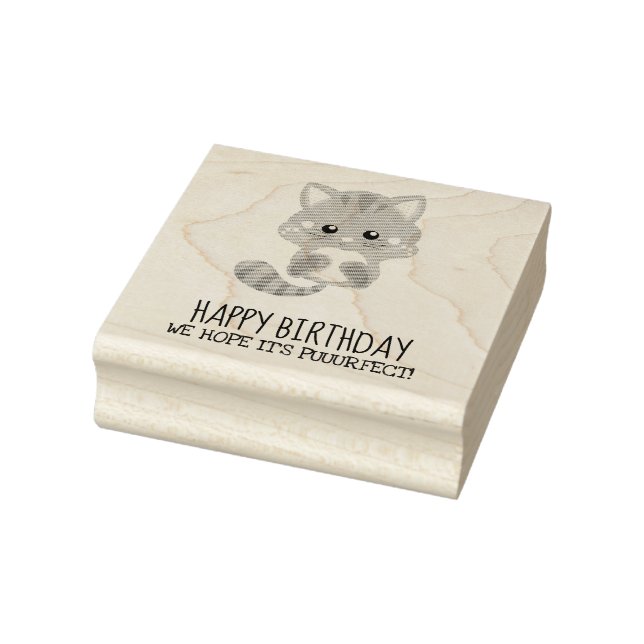 Rainbow Confetti Cute Kitty Cat Happy Birthday Rubber Stamp (Stamp)