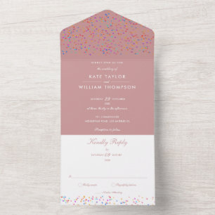 Rainbow Confetti Dusty Rose Monogram Wedding All In One Invitation