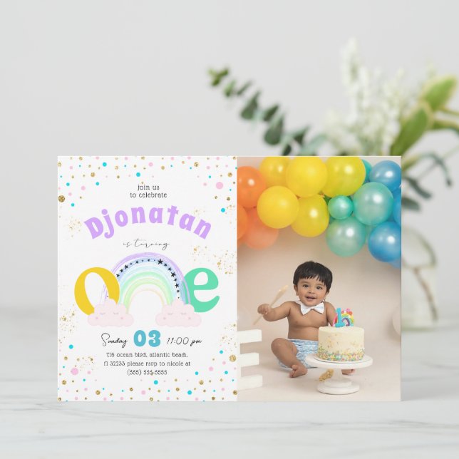 Rainbow Confetti First Birthday Photo Invitation (Standing Front)
