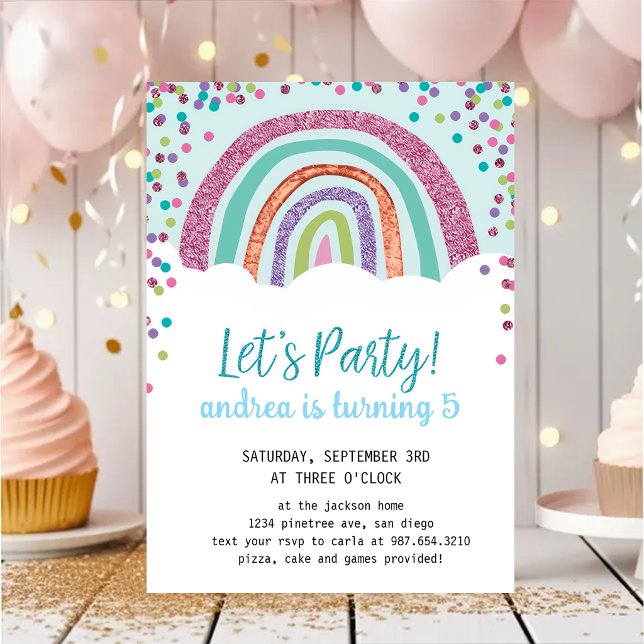 Rainbow Confetti Girl 5th Birthday Party  Invitation (Creator Uploaded)
