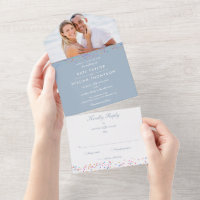 Rainbow Confetti Monogram Photo Dusty Blue Wedding