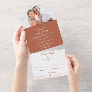 Rainbow Confetti Monogram Photo Terracotta Wedding All In One Invitation