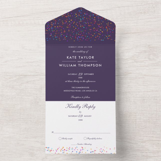 Rainbow Confetti Purple Monogram Wedding All In One Invitation (Inside)