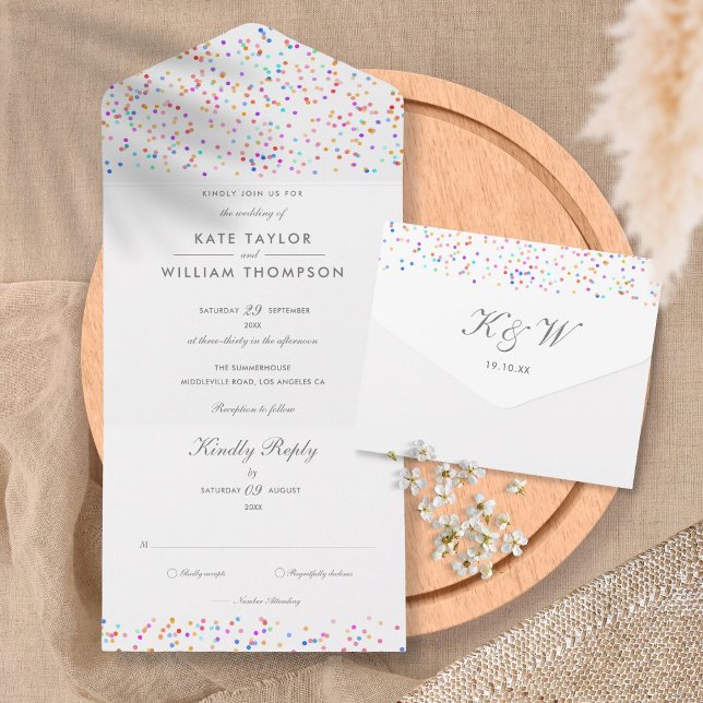 Rainbow Confetti Script Monogram Wedding All In One Invitation (Creator Uploaded)