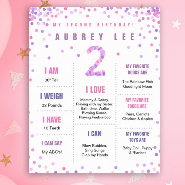Rainbow Confetti second birthday poster (Milestone poster with pink and purple confetti for your 2 year old's birthday!)