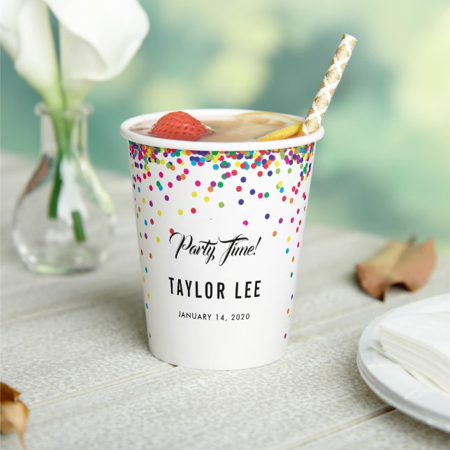 Rainbow confetti sprinkles birthday party decor paper cups (Insitu)