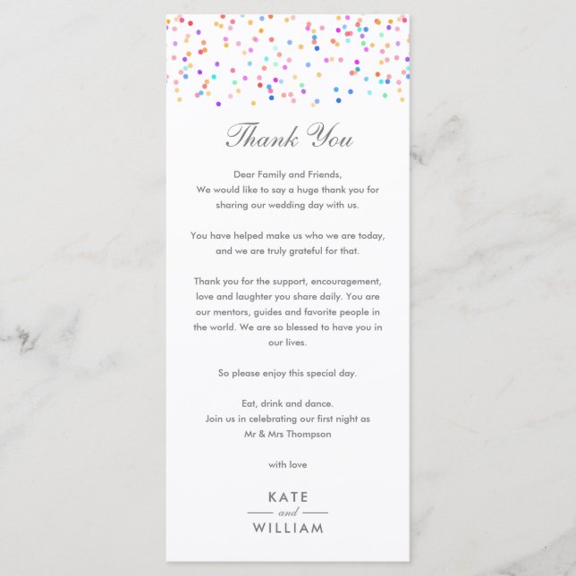 Rainbow Confetti Wedding Thank You Place Card (Front)