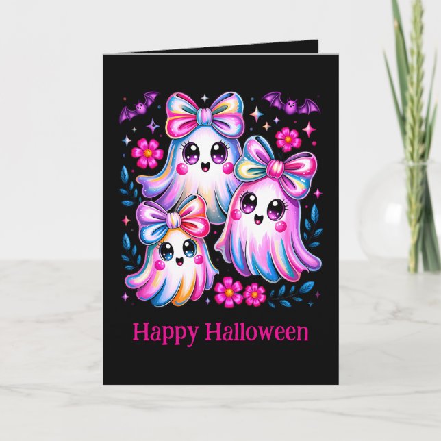 Rainbow Coquette Ghosts Hot Pink Happy Halloween Card (Front)