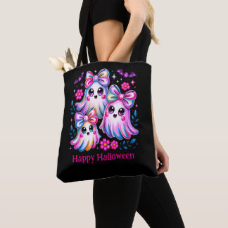 Rainbow Coquette Ghosts Hot Pink Happy Halloween Tote Bag