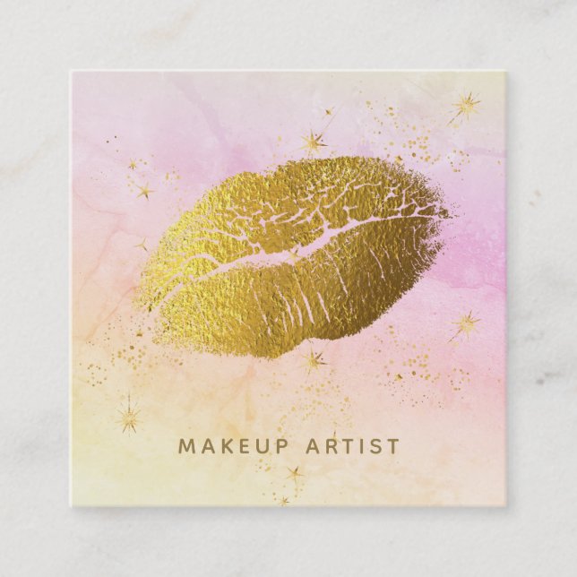 *~* Rainbow Cosmic Gold Stars Pastel Ombre Square Business Card (Front)