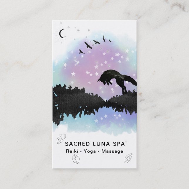 *~* Rainbow Cosmic Moon Fox Leaping Pine Trees Business Card (Front)