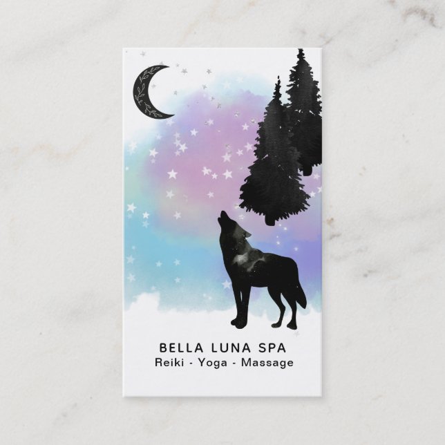*~* Rainbow Cosmic Moon Howling Wolf Pine Trees Business Card (Front)