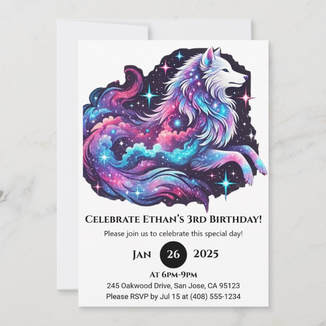 Rainbow Cosmic Wolf Birthday Invitation (Front)