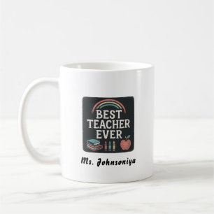 Rainbow Crayon Apple Black Badge Best Teacher Ever Coffee Mug