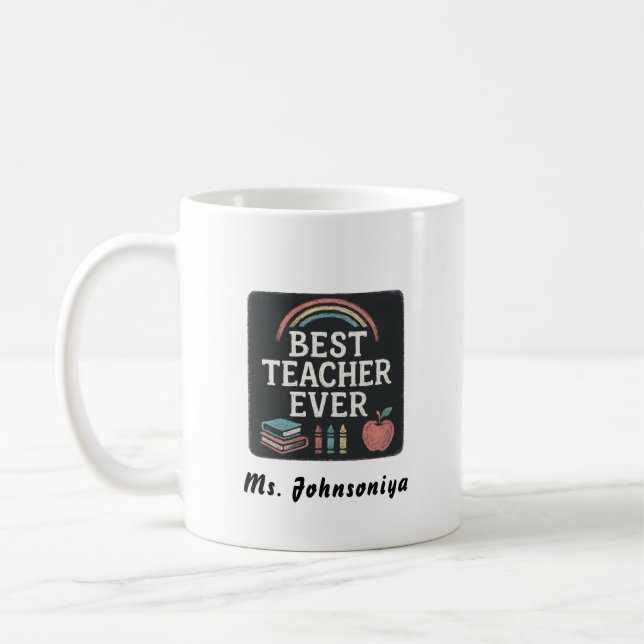 Rainbow Crayon Apple Black Badge Best Teacher Ever Coffee Mug (Left)