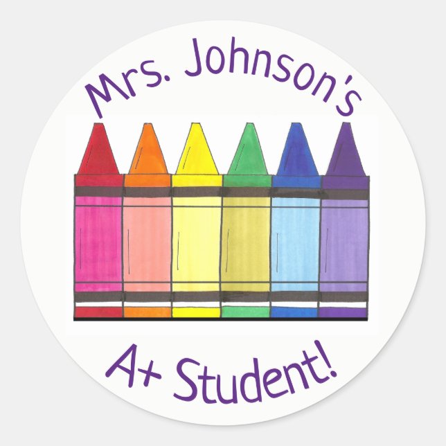 Rainbow Crayon Personalised A+ Student Art Teacher Classic Round Sticker (Front)