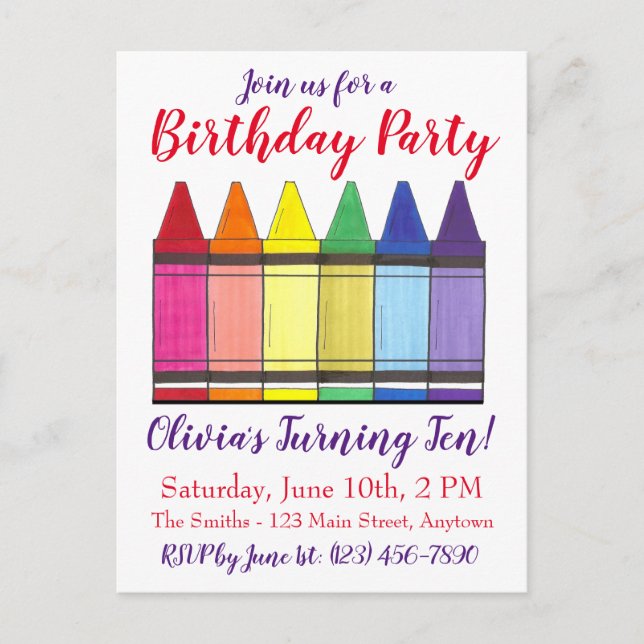 Rainbow Crayons Artist Art Child's Birthday Party Invitation Postcard (Front)