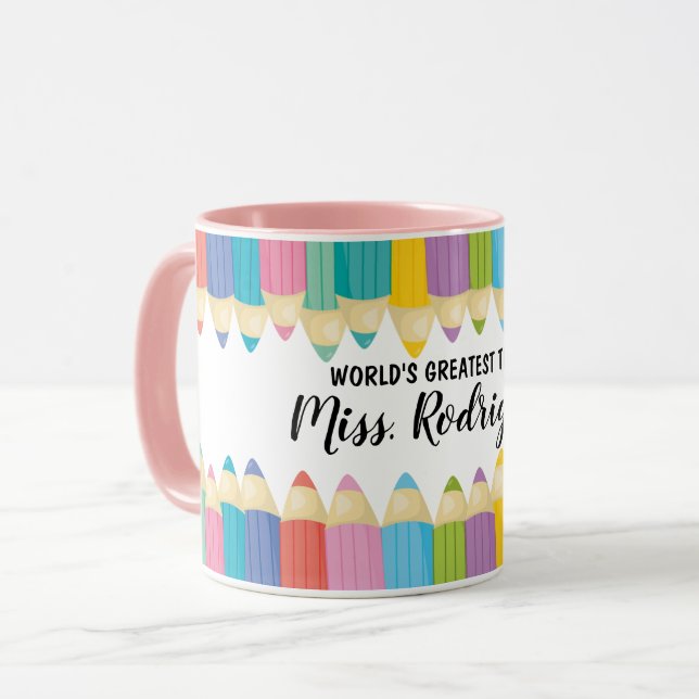 Rainbow Crayons Worlds Greatest Teacher Coffee Mug (Front Left)