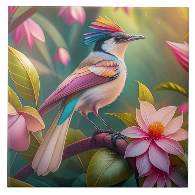 Rainbow crested Jay Fantasy Bird Ceramic Tile (Front)