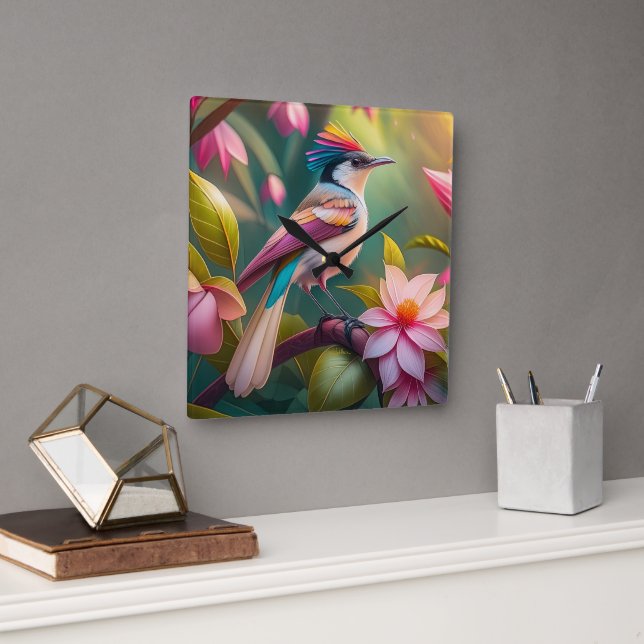 Rainbow crested Jay Fantasy Bird Square Wall Clock (Office)