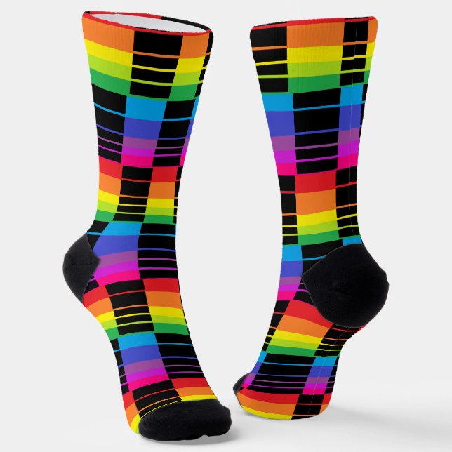 Rainbow Crew Socks With Black Plaid Style Design (Angled)