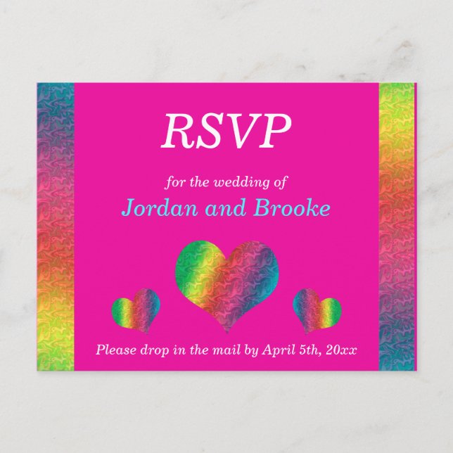 [Rainbow Crinkle Wedding] Hearts RSVP Card Pink (Front)