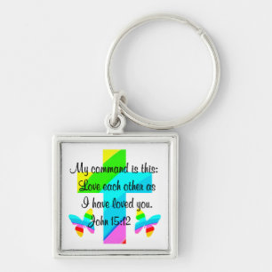 RAINBOW CROSS AND BUTTERFLY JOHN 15:12 KEY RING