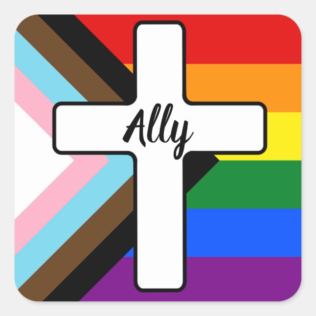 Rainbow Cross Progress Pride Flag Ally Square Sticker (Front)
