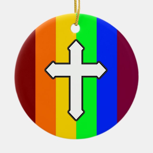 Rainbow Cross ROY G BIV Ceramic Ornament (Front)