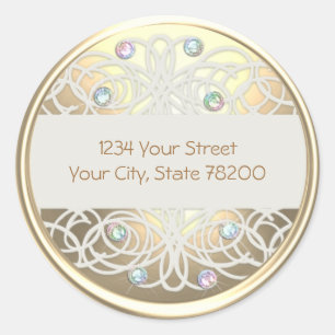 Rainbow Crystal and Gold Damask Return Address Classic Round Sticker