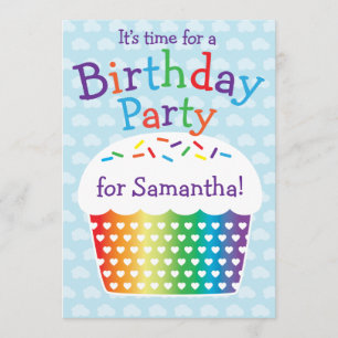 Rainbow Cupcake Kids Birthday Party Invitation