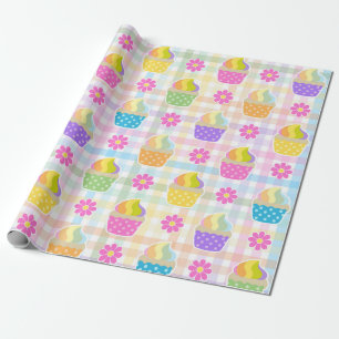 Rainbow Cupcakes over Plaid Multi Colour Backgroun Wrapping Paper