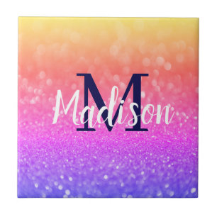 Rainbow Custom Glitter Name Personalised Ceramic Tile