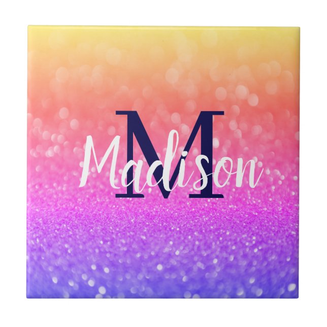 Rainbow Custom Glitter Name Personalised Ceramic Tile (Front)