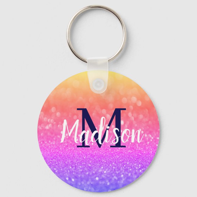 Rainbow Custom Glitter Name Personalised Key Ring (Front)